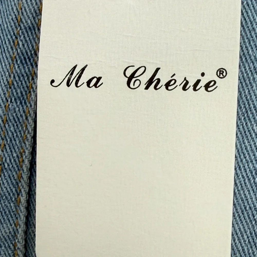 Ma Cherie Light Wash Denim Jacket with Gold Crest Buttons Chic Military Style - Picture 7 of 15